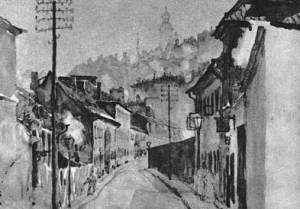 Szkic Bronisława Kopczyńskiego - ulica Rybaki w 1919 roku