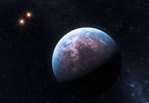 Artystyczna wizja planety pozasłonecznej w układzie podwójnym gwiazd