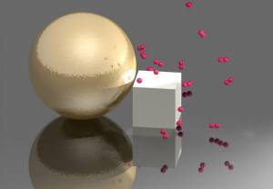 Heterodimer, w którego skład wchodzi złota nanoantena i sześcienna nanocząstka palladu. Bordowe kulki to wodór, który absorbowany może być przez pallad