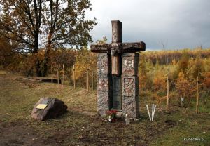 Krzyż upamiętniający obóz jeniecki Oflag IID Gross Born k. Kłomina (gmina Borne Sulinowo, woj. zachodniopomorskie) z czasów II wojny światowej.