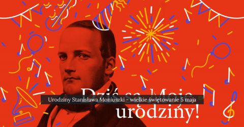 Stanisław Moniuszko na tle czerwonej grafiki z instrumentami i fajerwerkami