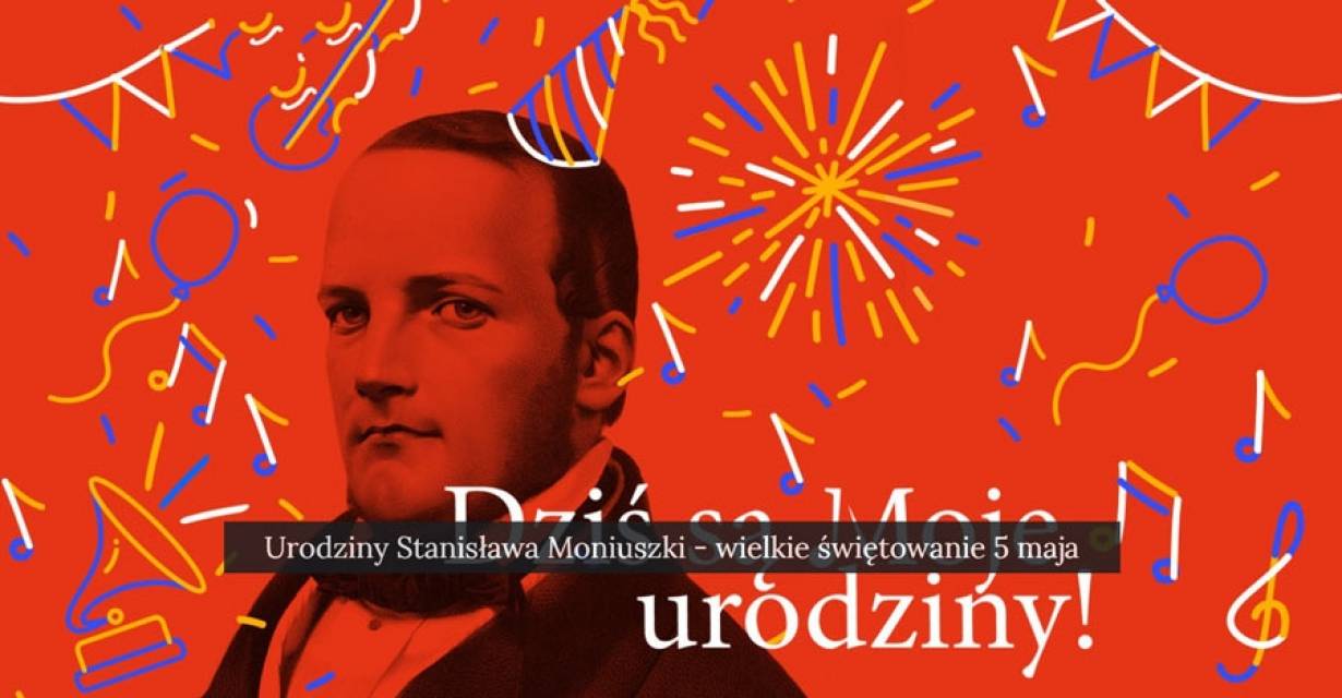 Stanisław Moniuszko na tle czerwonej grafiki z instrumentami i fajerwerkami