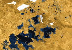 Mapa północnego bieguna Tytana w fałszywych kolorach, ukazująca zbiorniki ciekłych węglowodorów
