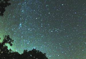 Meteor (biała ukośna smuga w środkowej części zdjęcia) na nocnym niebie