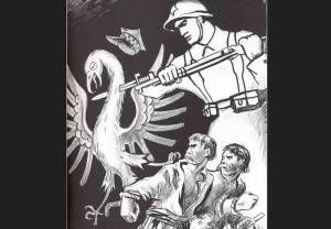 Sowiecki plakat propagandowy – żołnierz Armii Czerwonej dobija Białego Orła