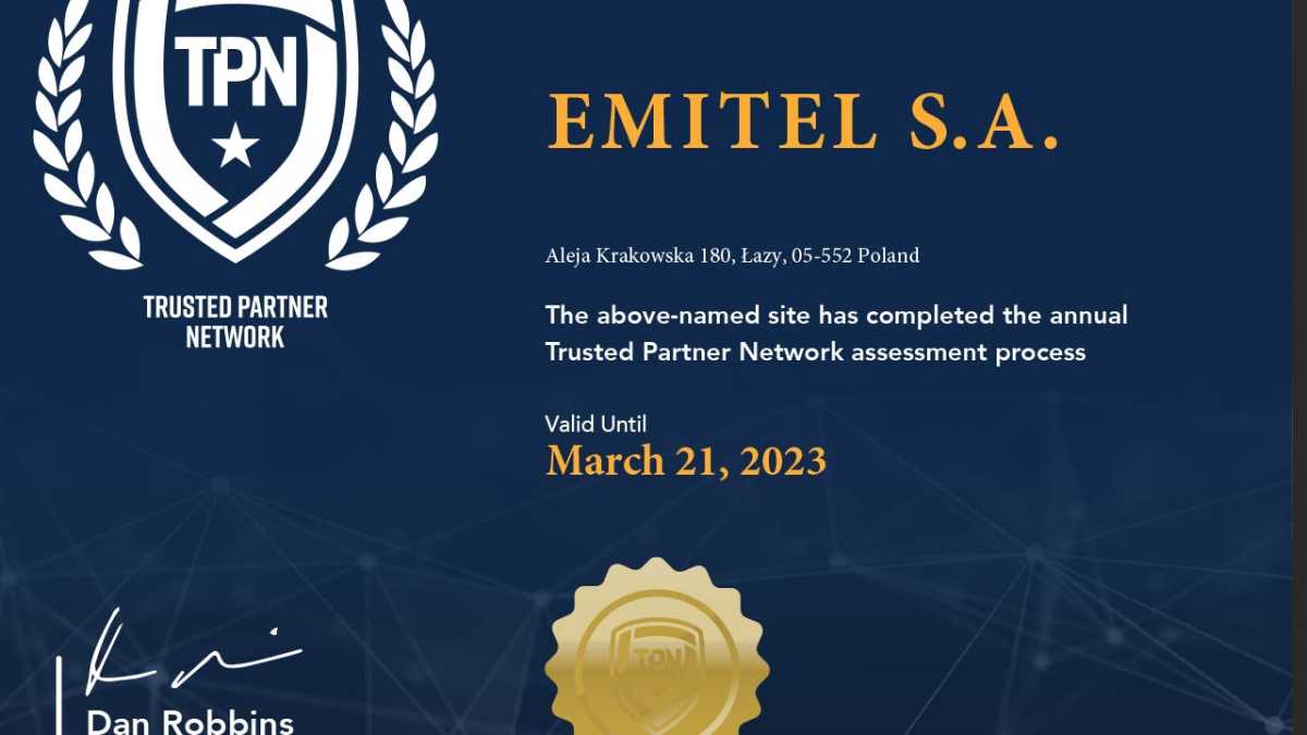 Uzyskany certyfikat jest dowodem stosowania przez Emitel najwyższych standardów bezpieczeństwa podczas pracy z materiałami audio video